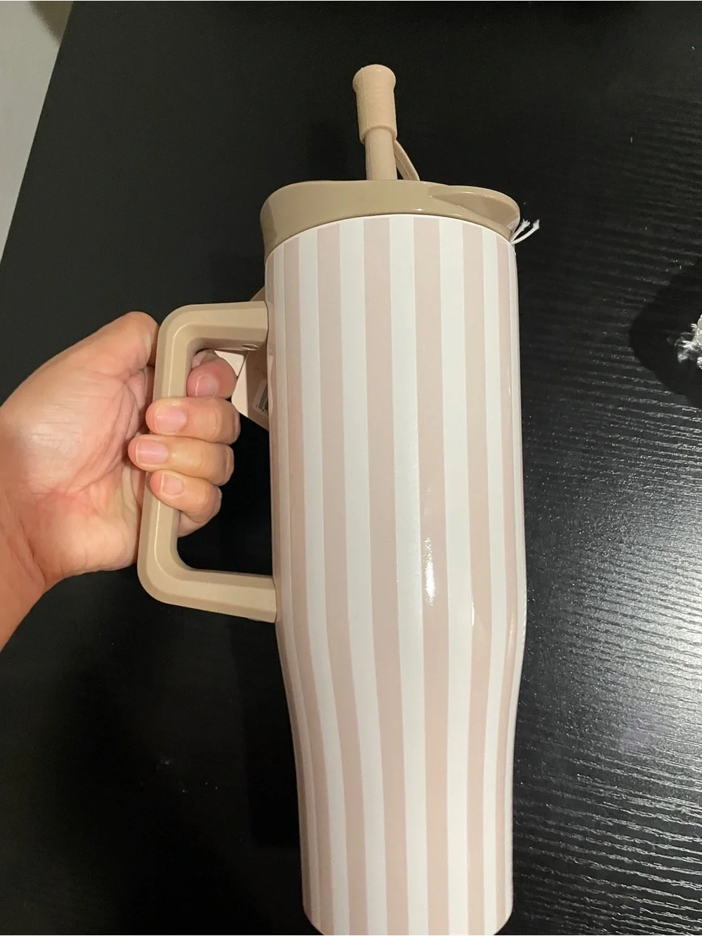 Striped Pink Travel Mug with Handle and Straw